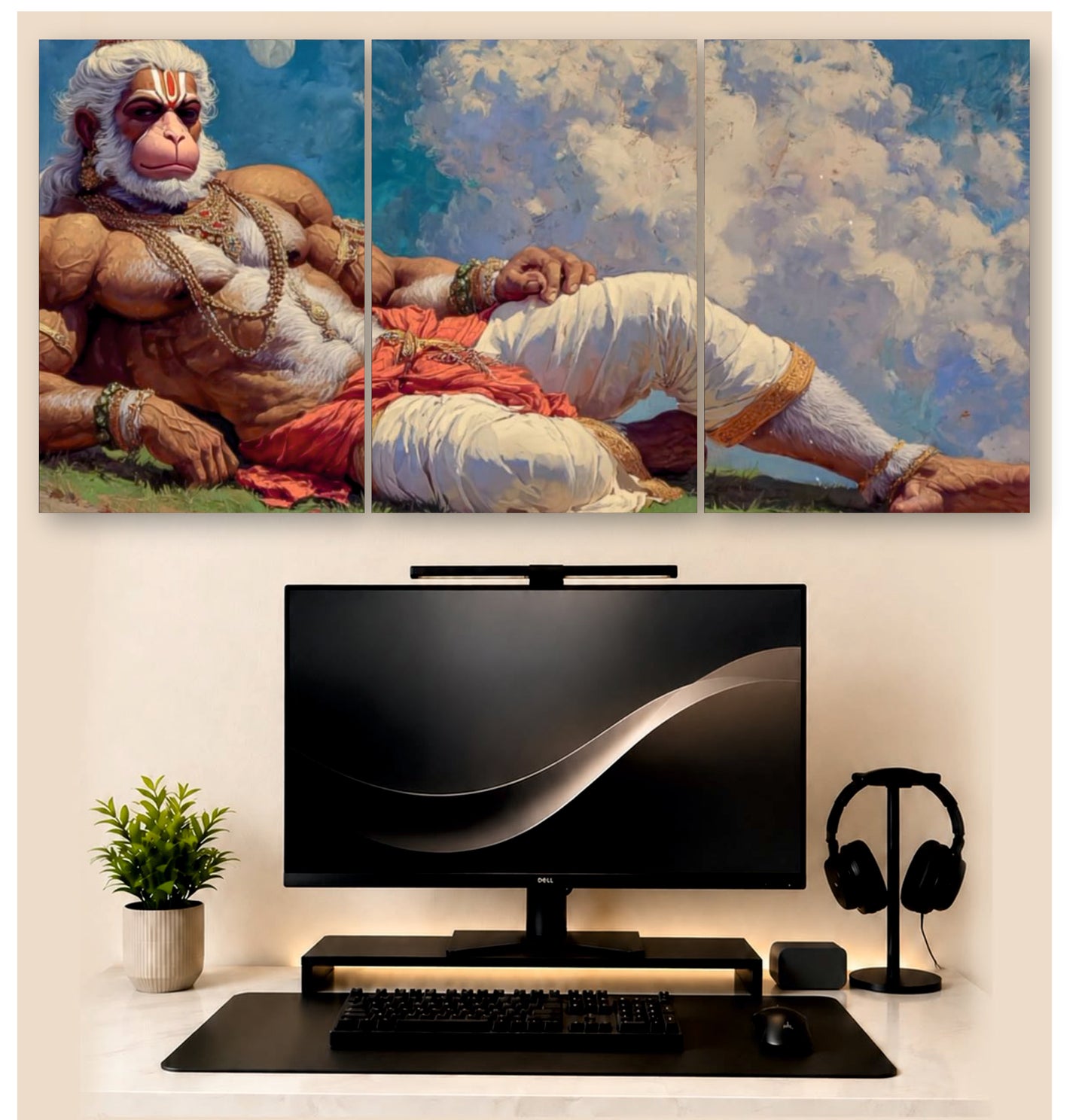 Hanuman Classic Rest – 3-Piece Split Wall Art | Devotional Decor