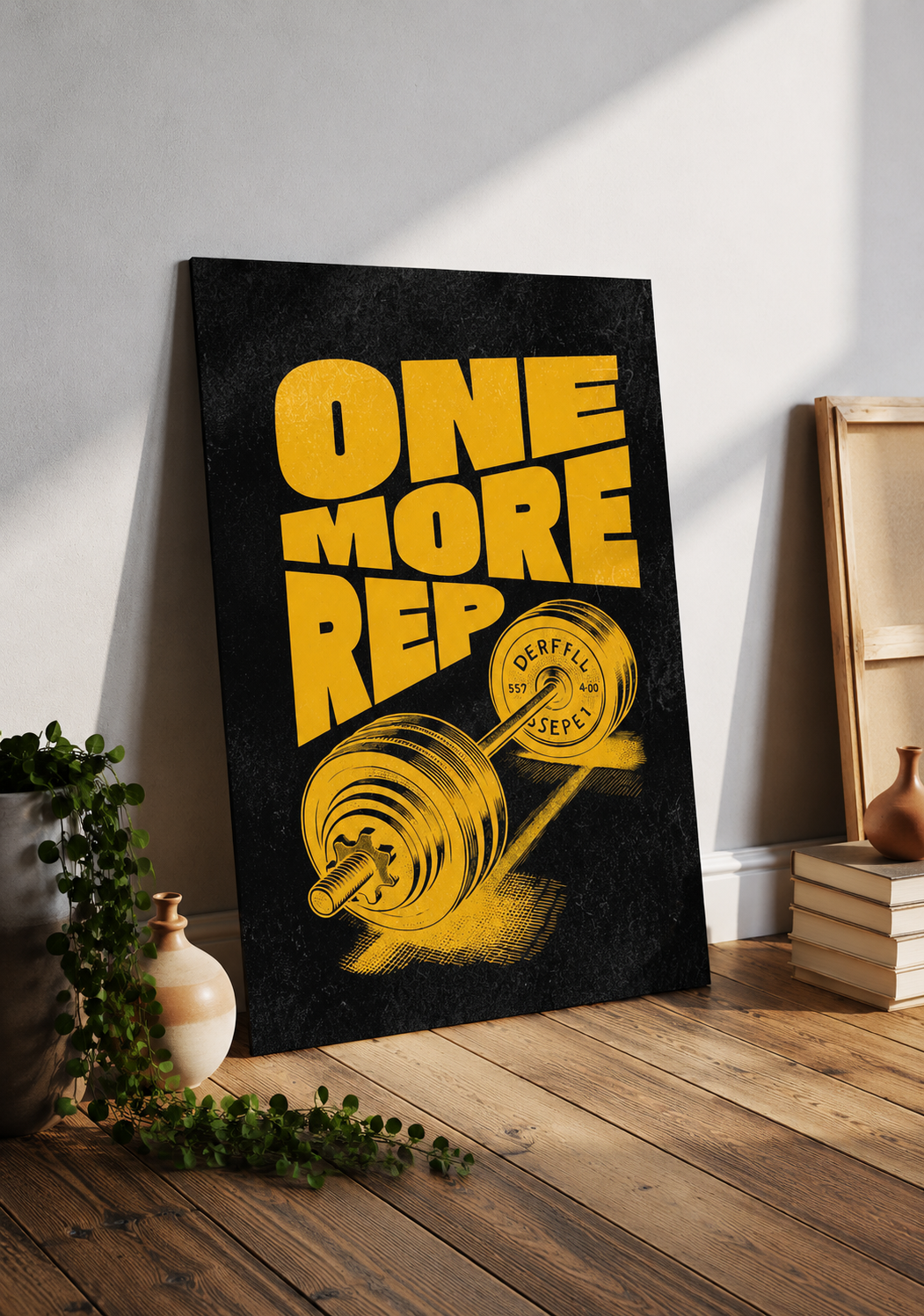 One More Rep – Yellow Barbell Gym Motivational Poster | Wall Art