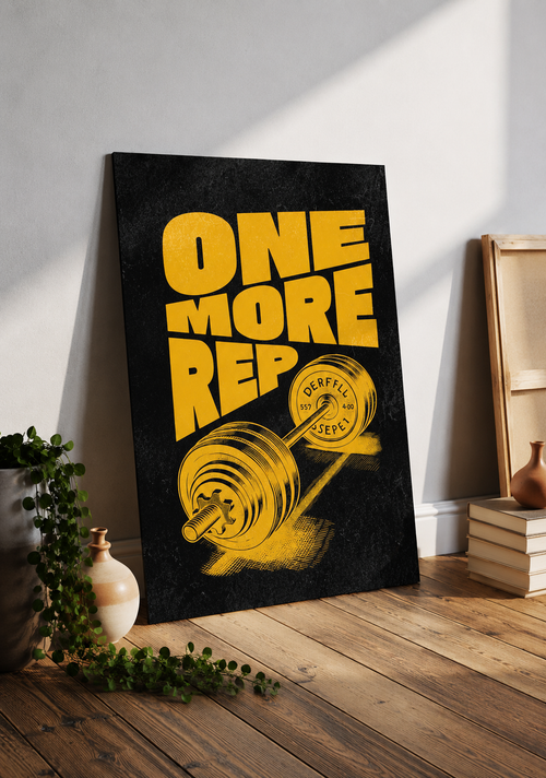 One More Rep – Yellow Barbell Gym Motivational Poster | Wall Art