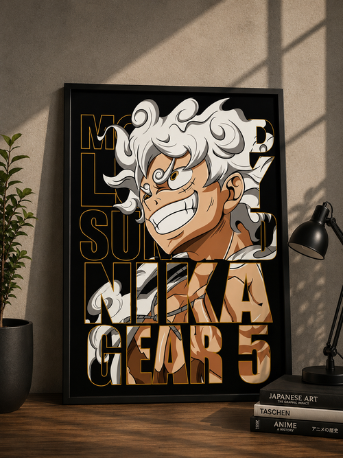 Luffy Gear 5 Nika Sun God Gold Typography One Piece Poster