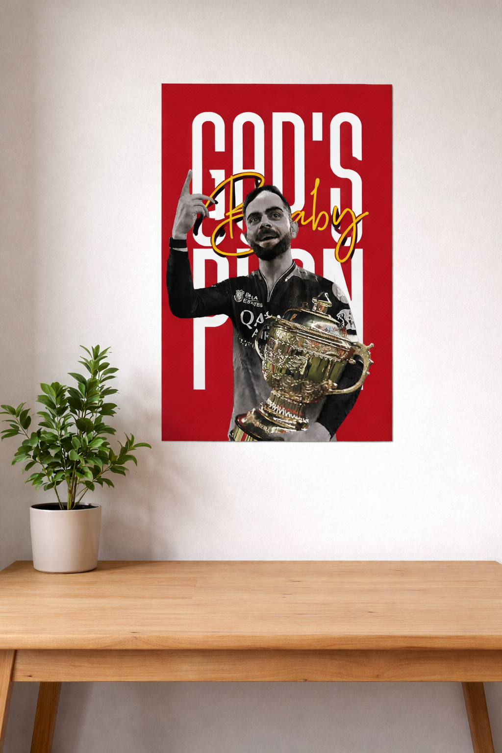 Virat Kohli Gods Plan Baby IPL Trophy Poster | RCB Red Wall Art