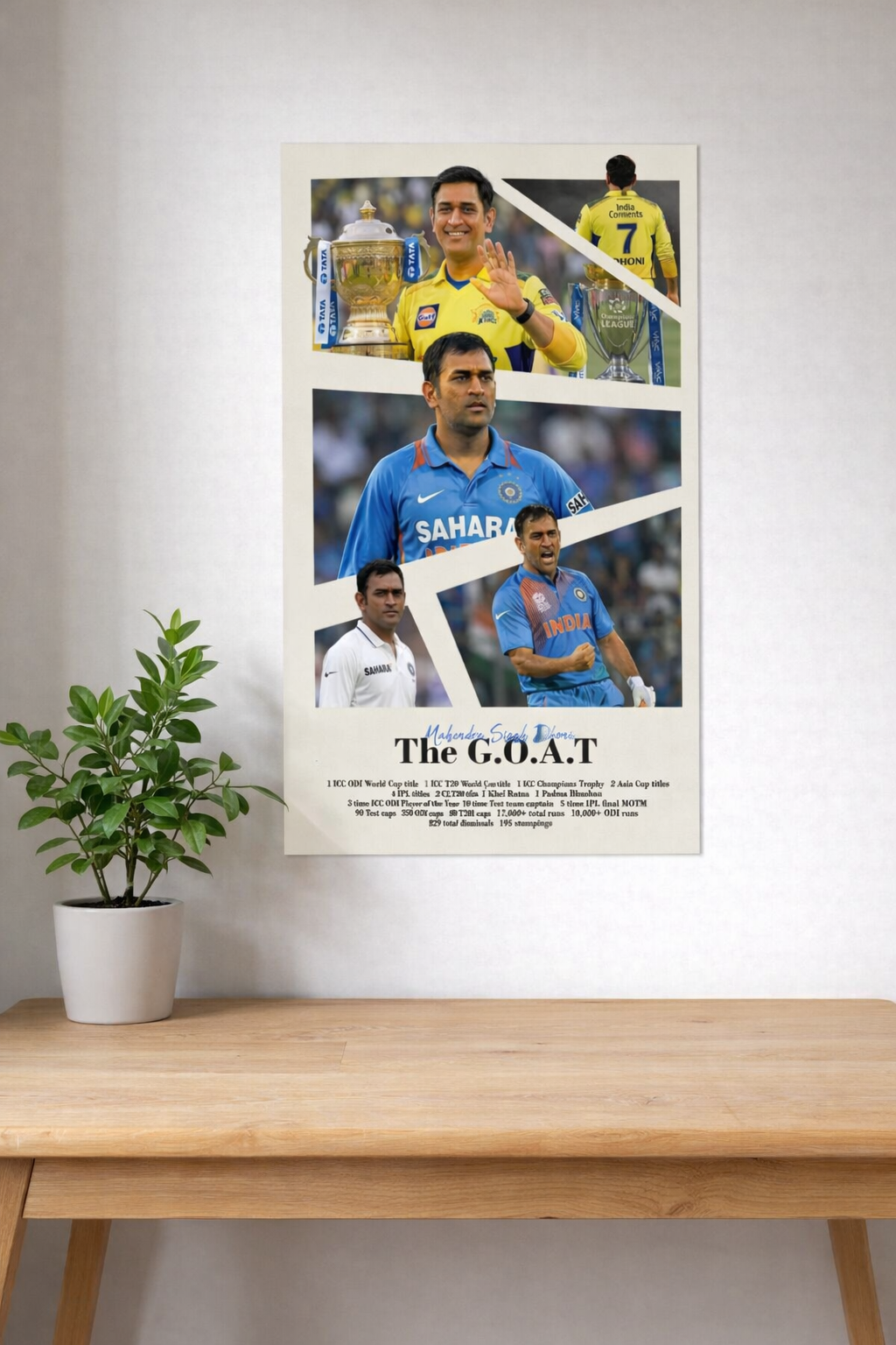MS Dhoni The G.O.A.T Stats Cricket Poster | Legend Tribute Art