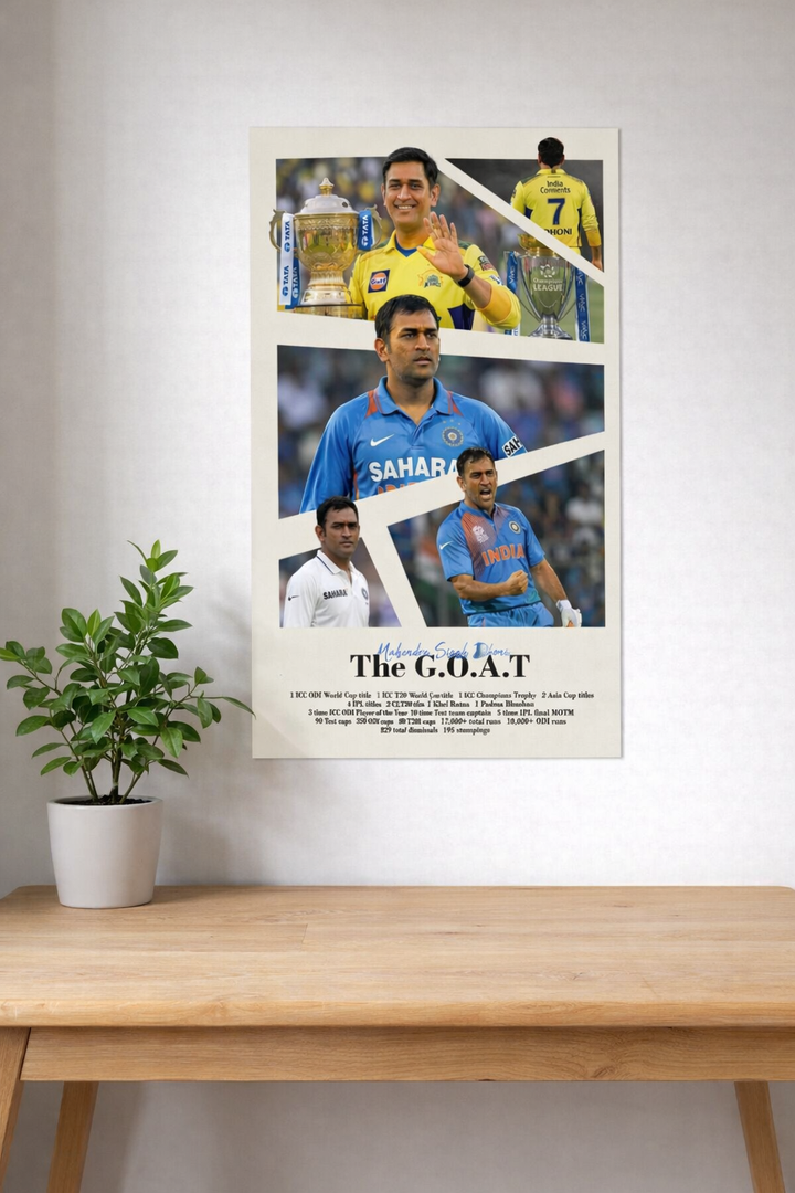MS Dhoni GOAT stats tribute cricket poster CSK India – PosterDrip