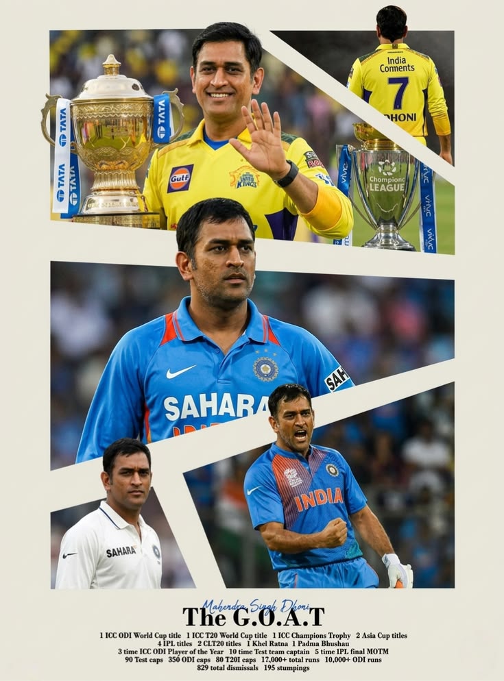 MS Dhoni The G.O.A.T Stats Cricket Poster | Legend Tribute Art