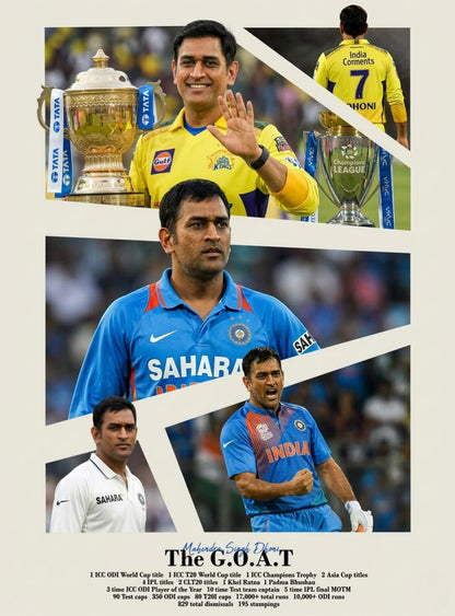 MS Dhoni GOAT stats tribute cricket poster CSK India – PosterDrip