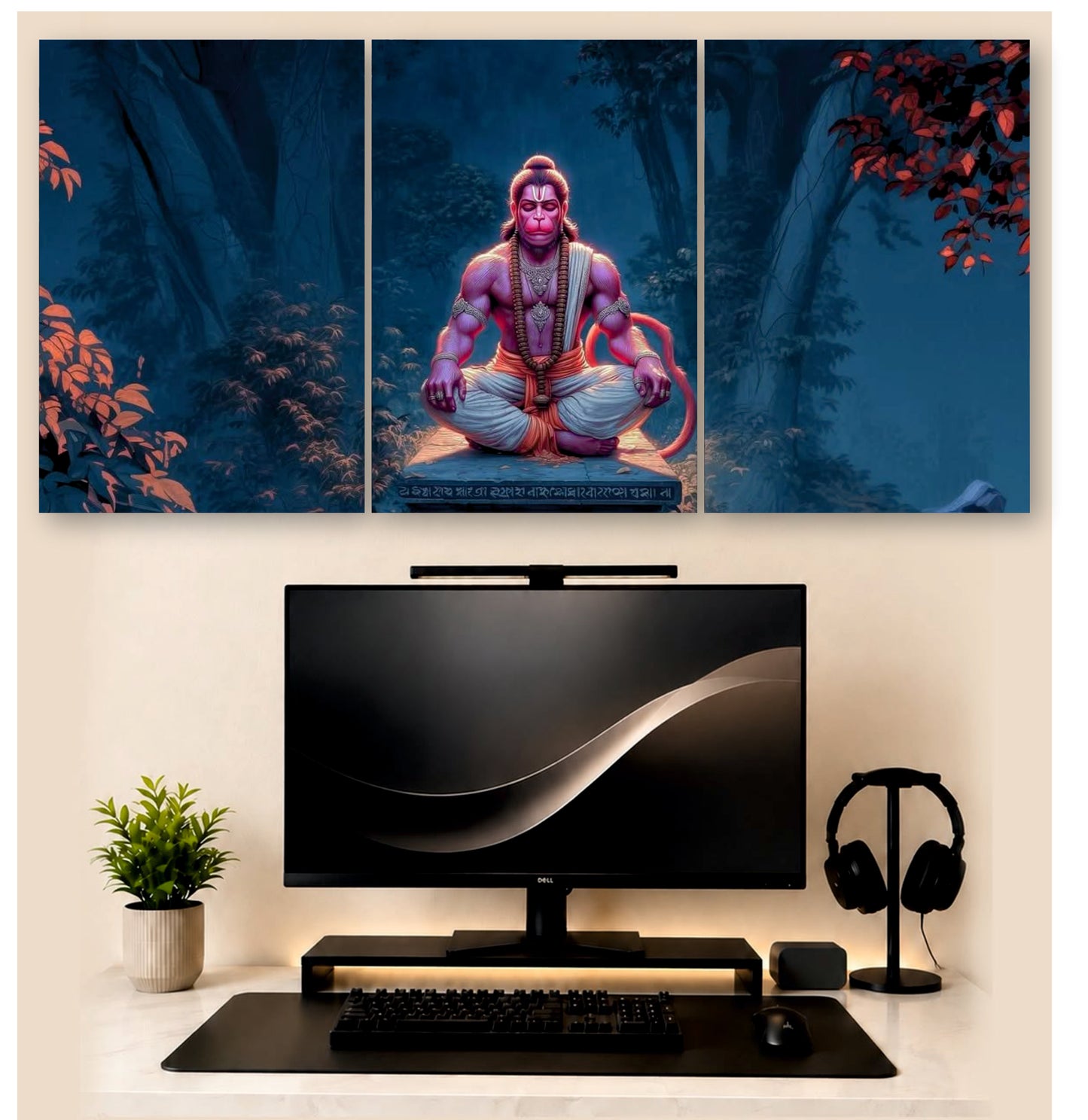 Hanuman Forest Meditation – 3-Piece Split Wall Art | Devotional Decor