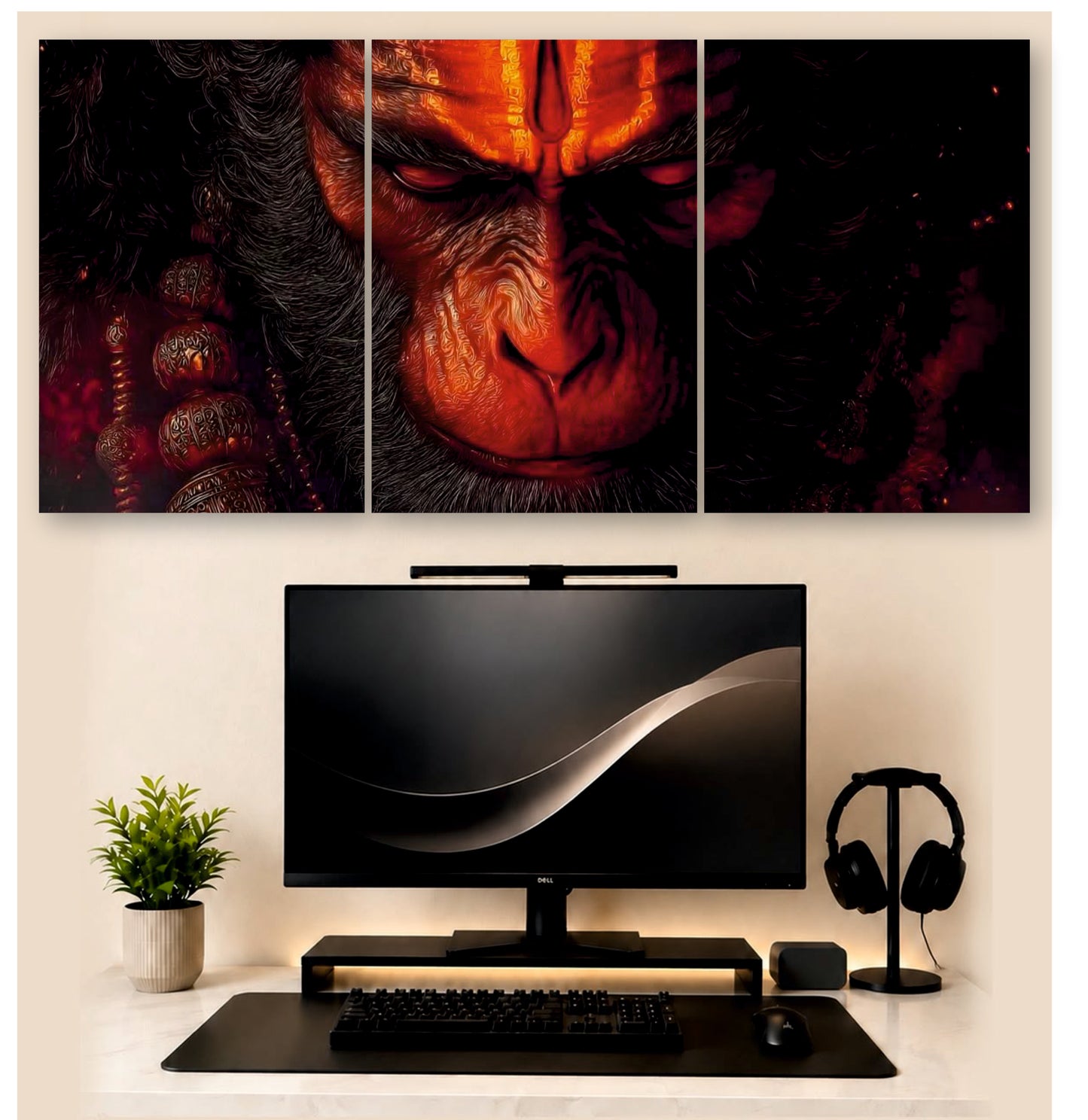 Hanuman Fierce Flame – 3-Piece Split Wall Art | Devotional Decor
