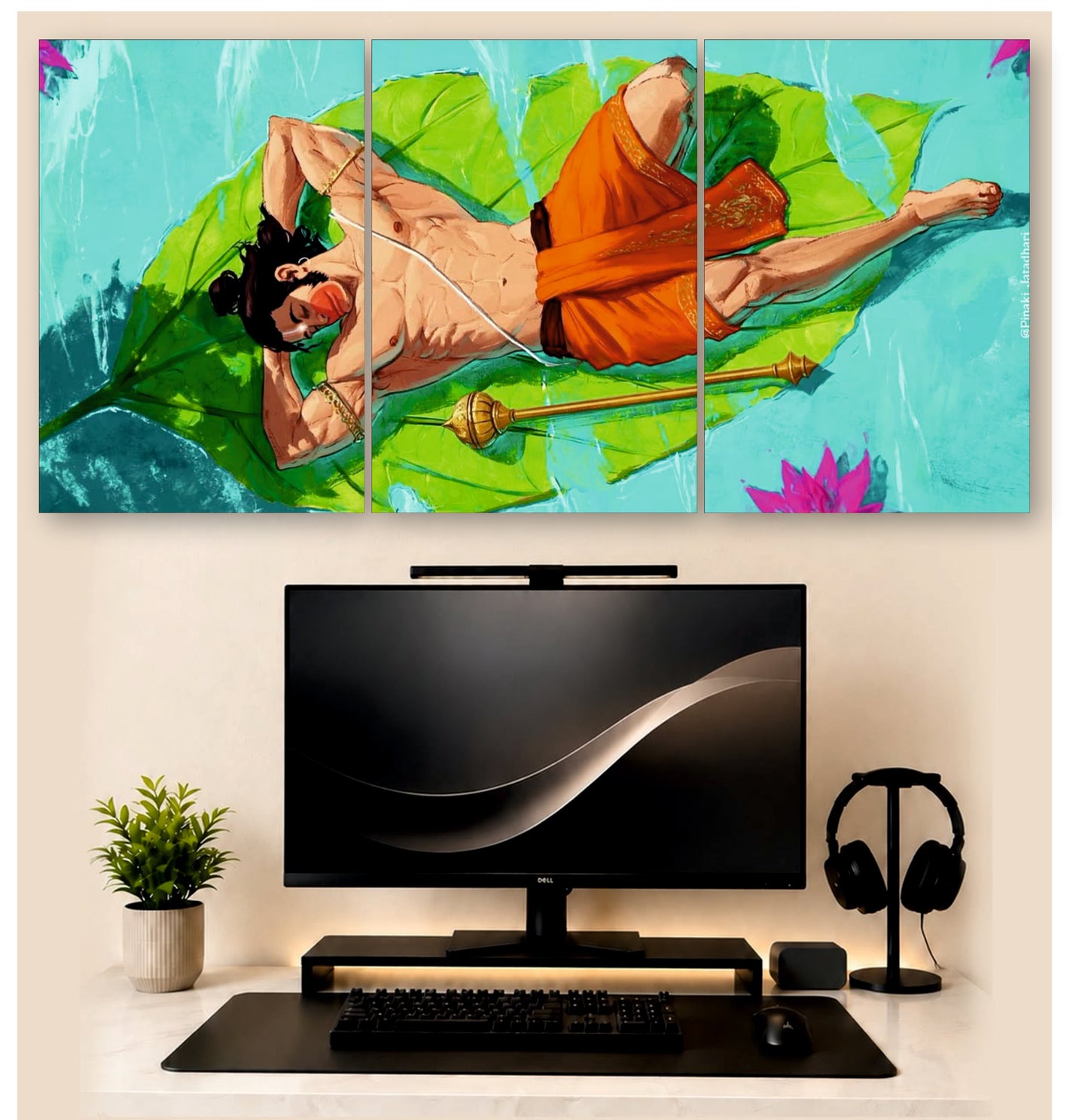 Hanuman Lotus Flight – 3-Piece Split Wall Art | Devotional Decor