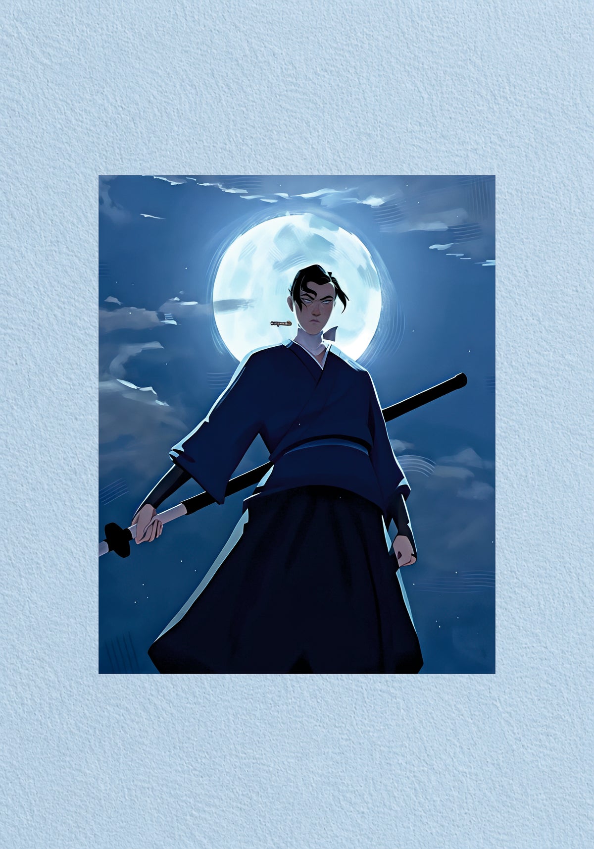 The protagonist Mizu from the animated series Blue Eye Samurai