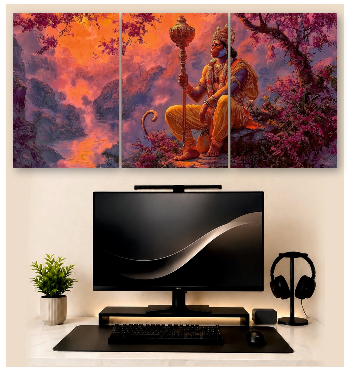 Hanuman Twilight Forest – 3-Piece Split Wall Art | Devotional Decor