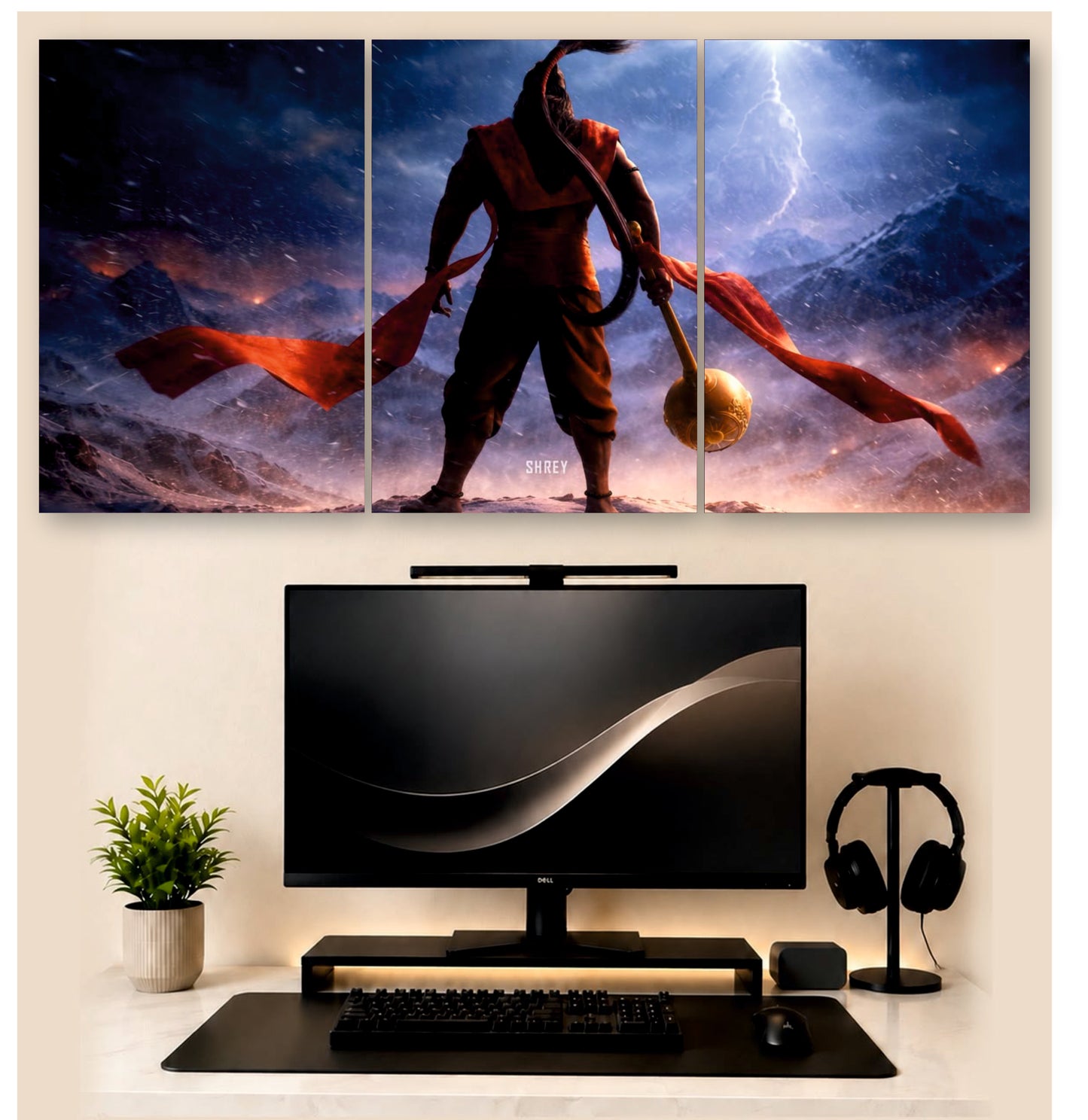 Hanuman Warrior Silhouette – 3-Piece Split Wall Art | Devotional Decor