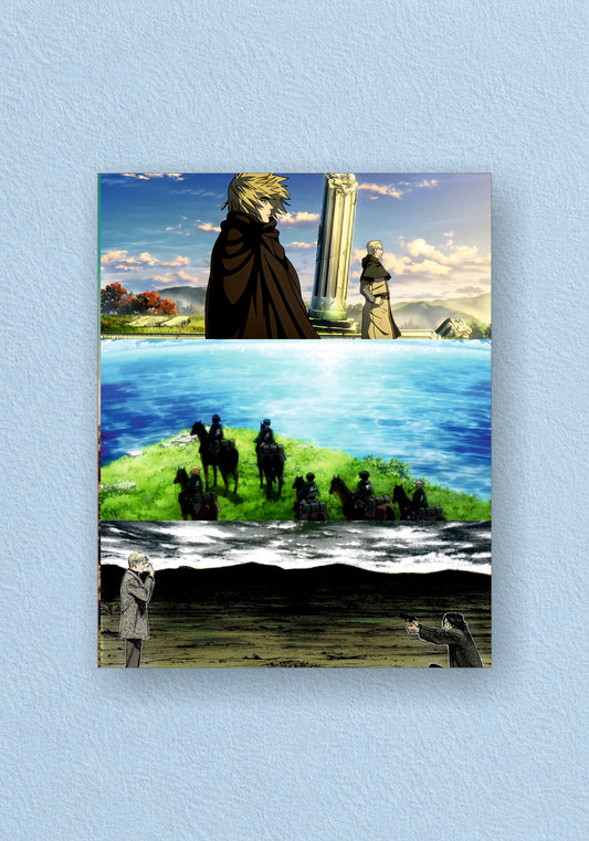 The Vinland Saga: A Journey Beyond Vengeance and the Horizon of Peace poster illustrates the epic Vinland Saga narrative.