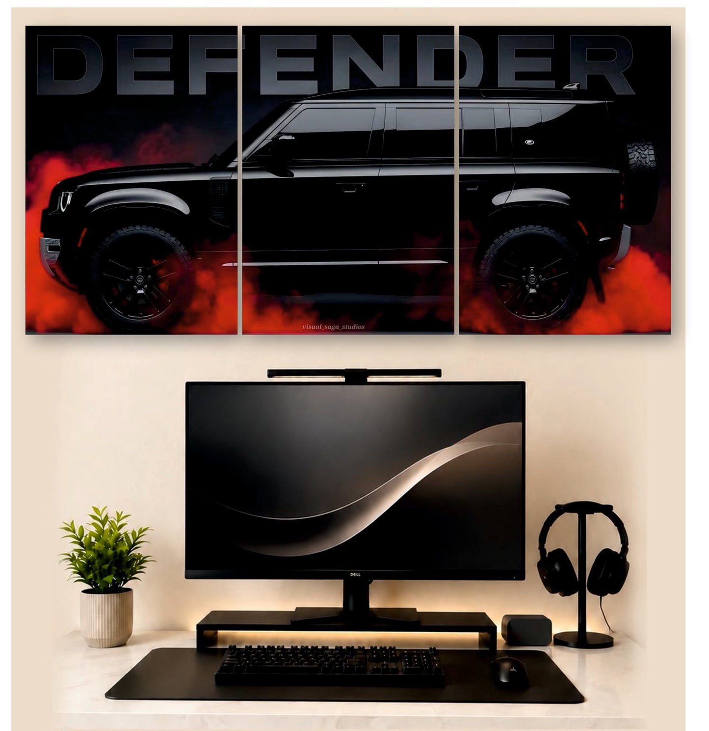 Defender Red Smoke Glare – 3-Piece Split Wall Art | SUV Decor