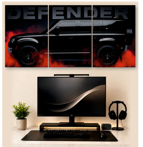 Defender Red Smoke Glare – 3-Piece Split Wall Art | SUV Decor