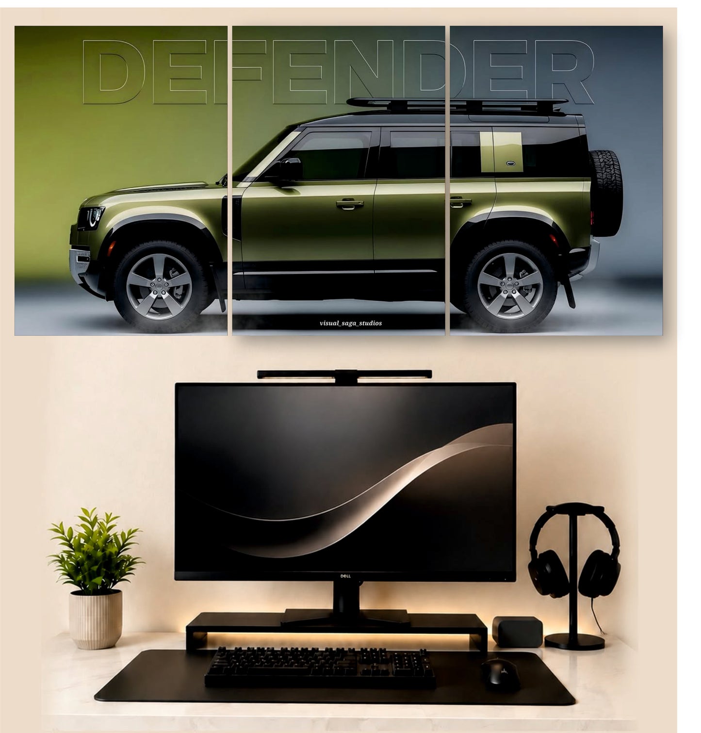 Defender Olive Studio Shot – 3-Piece Split Wall Art | SUV Decor