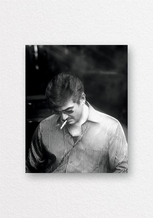 Ajith Kumar Smoking Monochrome Poster | Tamil Cinema Wall Art
